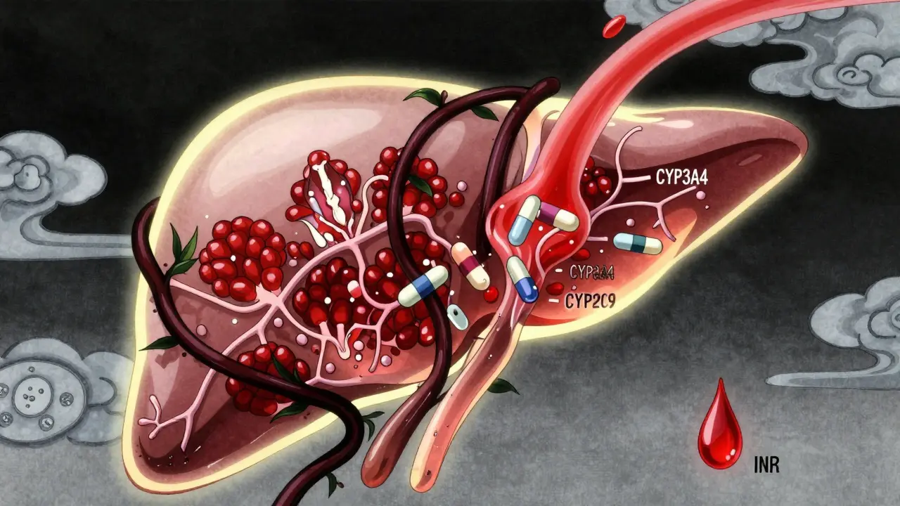 A traditional ink-painted liver with pomegranate vines constricting enzyme pathways, as one blood drop turns crimson.
