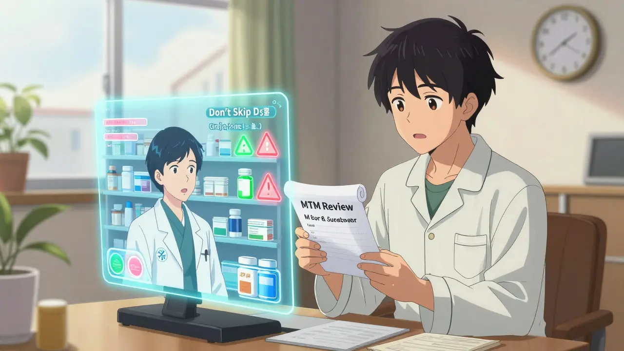 A young person video-calls their pharmacist with a holographic drug interaction display in their living room.