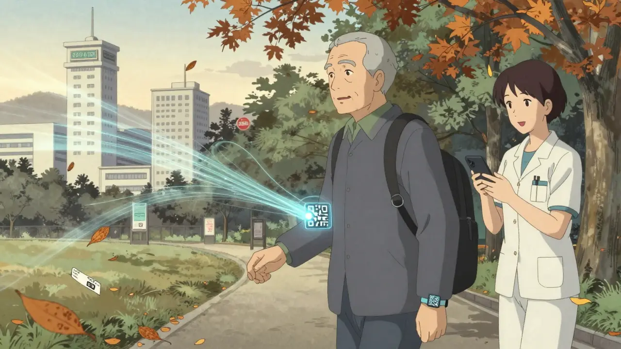 An elderly man walks in a park, his medical bracelet syncing wirelessly with hospital systems as autumn leaves fall around him.