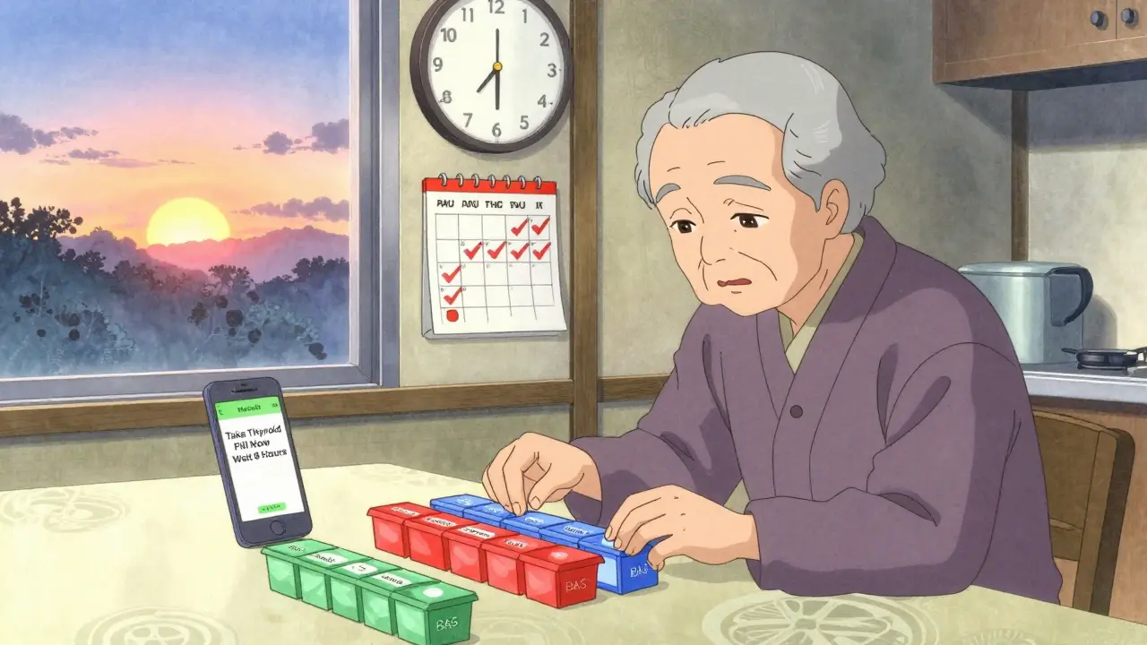 An elderly person arranging color-coded pill organizers at dawn, with a smartphone alert showing a 8-hour wait reminder.