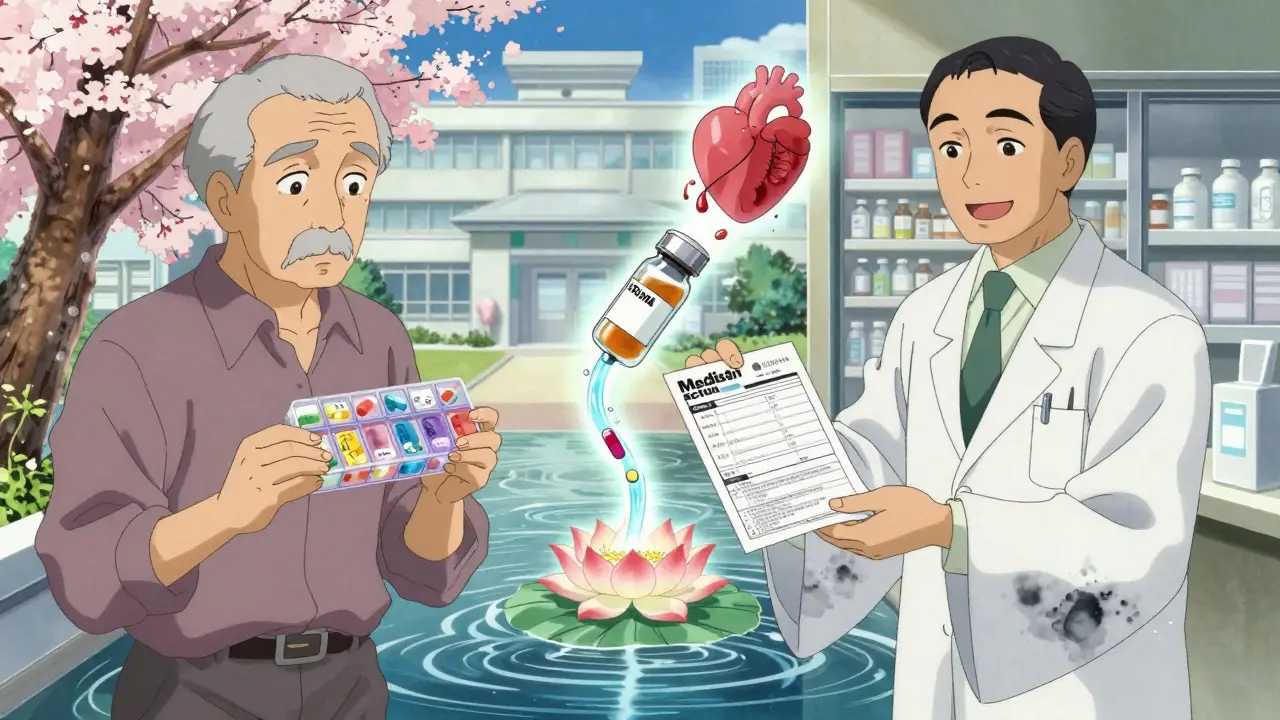 Before and after: a confused man receives a clear medication plan, with medicine flowing into a blooming lotus.