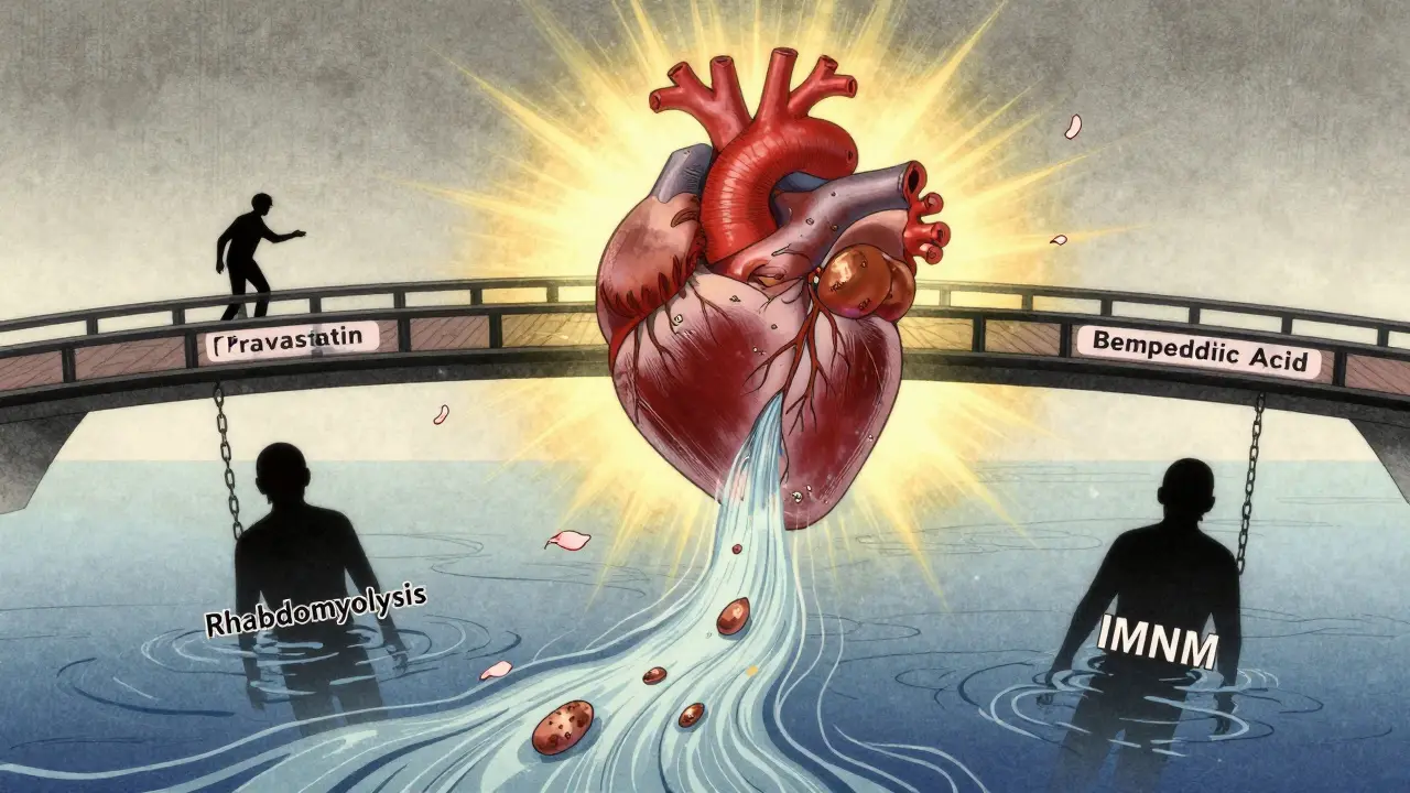 Cholesterol river blocked by three treatment bridges, shadowy dangers sinking below.