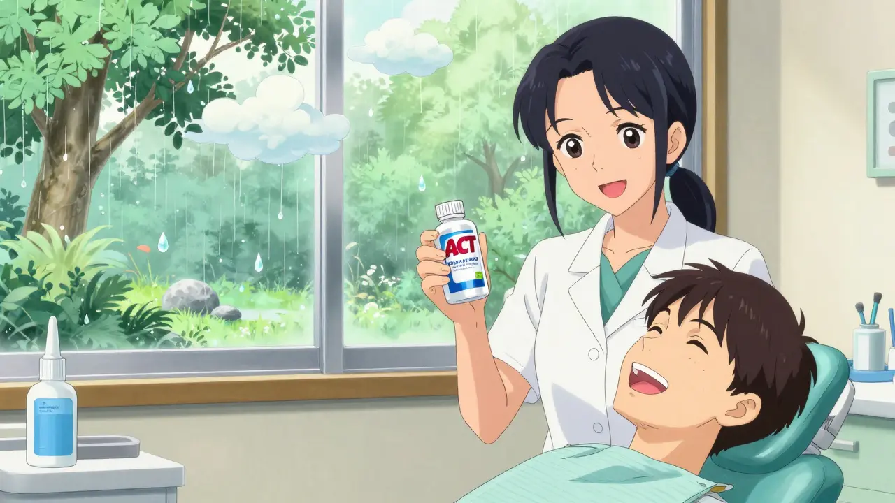 Dentist showing dry mouth products to patient, with saliva-shaped clouds and enamel stones in background.