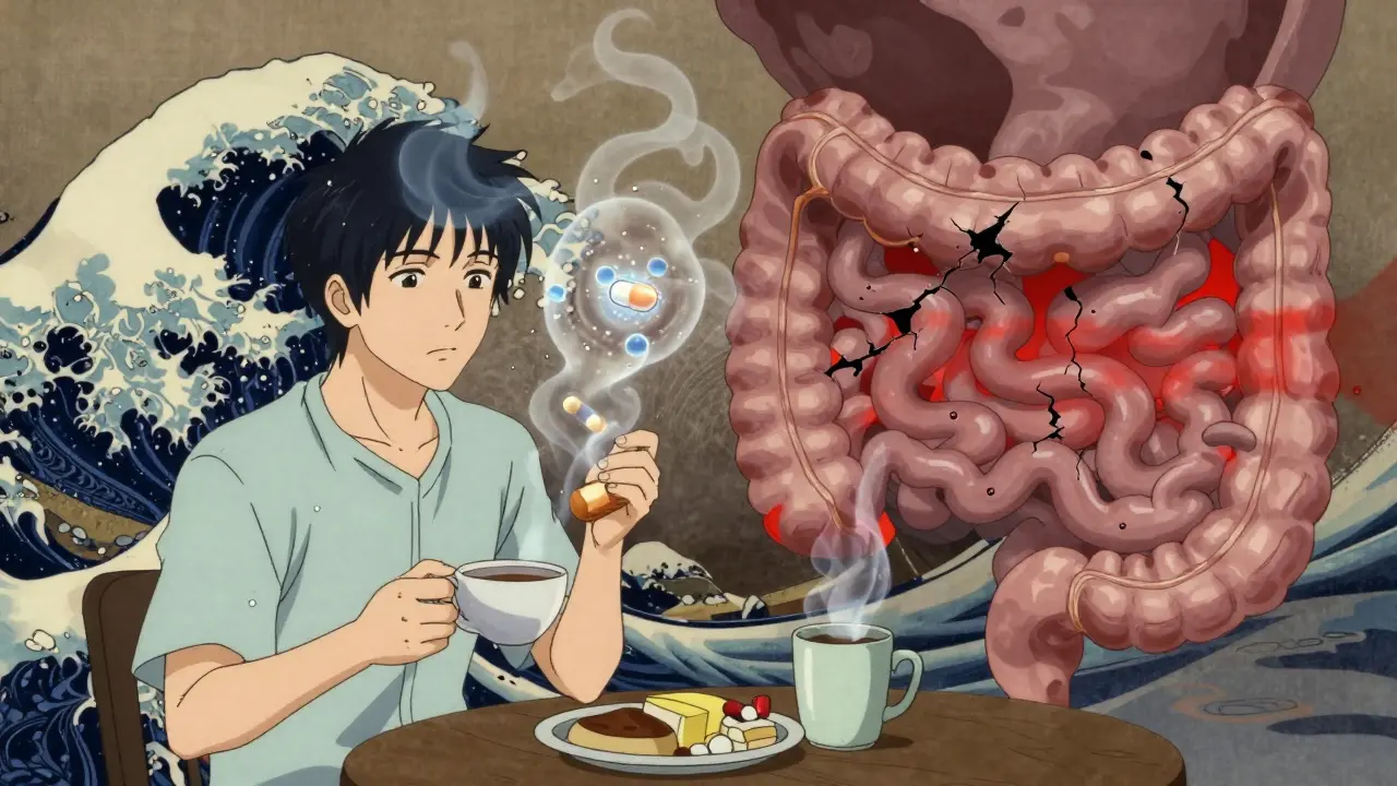 Drug molecules blocked by coffee and calcium particles in a dimmed gut lining.