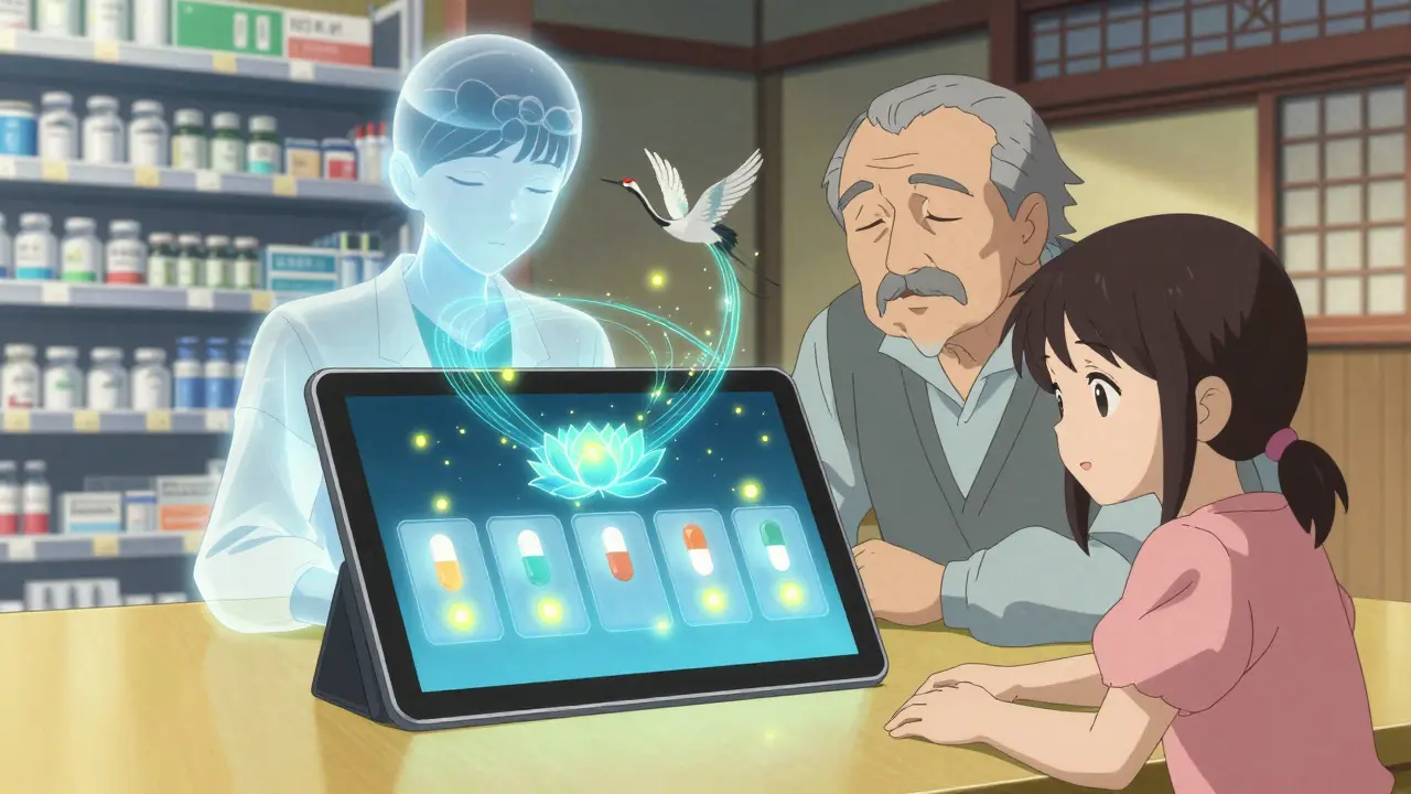 Family views synchronized medication alerts on a tablet while an AI crane avatar hovers above, symbolizing automated care.
