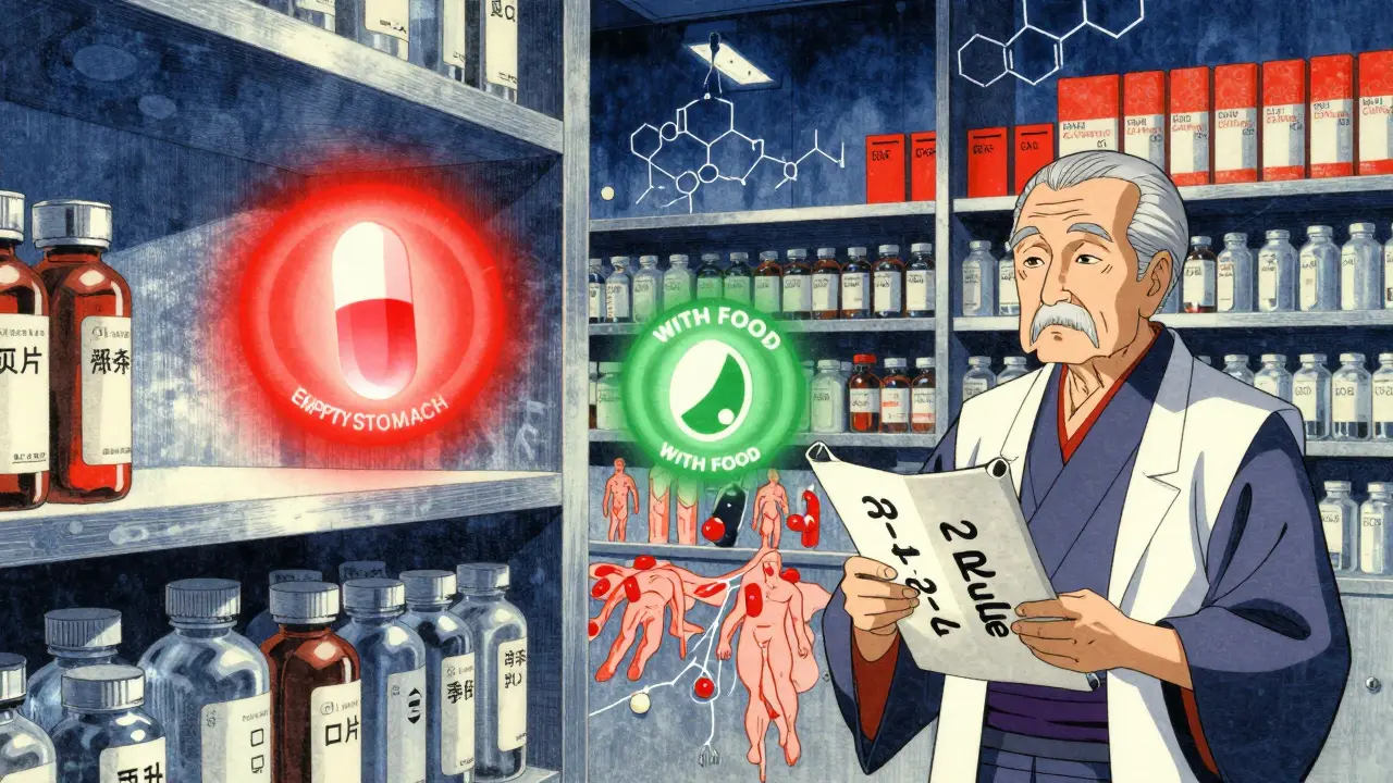Floating pills with food rules glowing above a pharmacist holding a timing scroll in ukiyo-e anime.