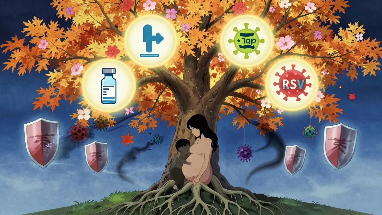 Glowing vaccine tree rooted in a pregnant abdomen, protective shields floating above mother and baby.