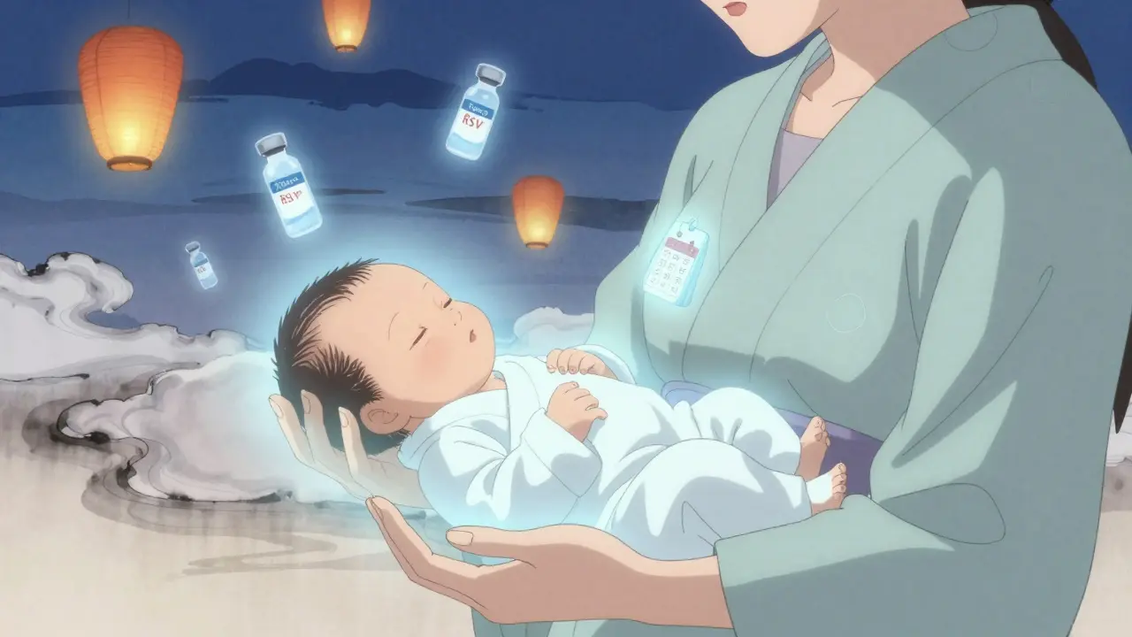Mother holding newborn surrounded by antibody light, with vaccine vials floating like lanterns.