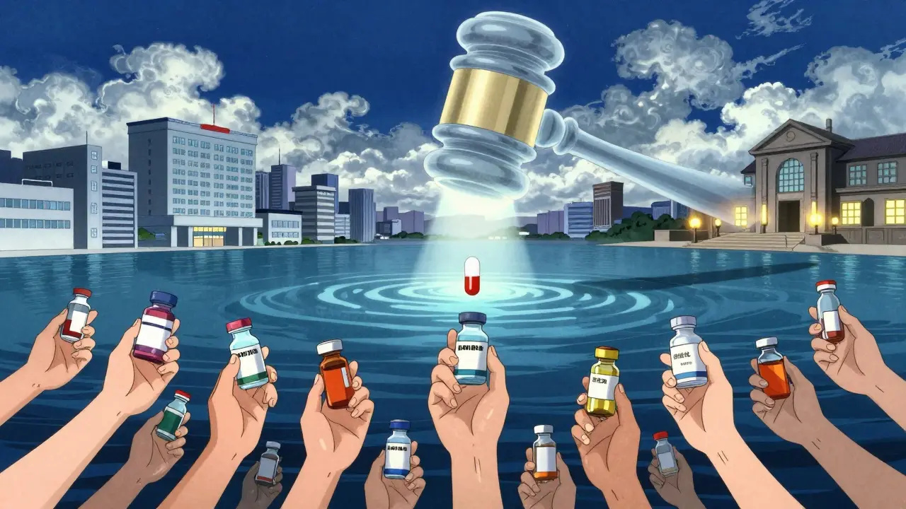 Patient hands reaching up toward a giant gavel casting light on a new biosimilar drug, with hospitals glowing in the distance.