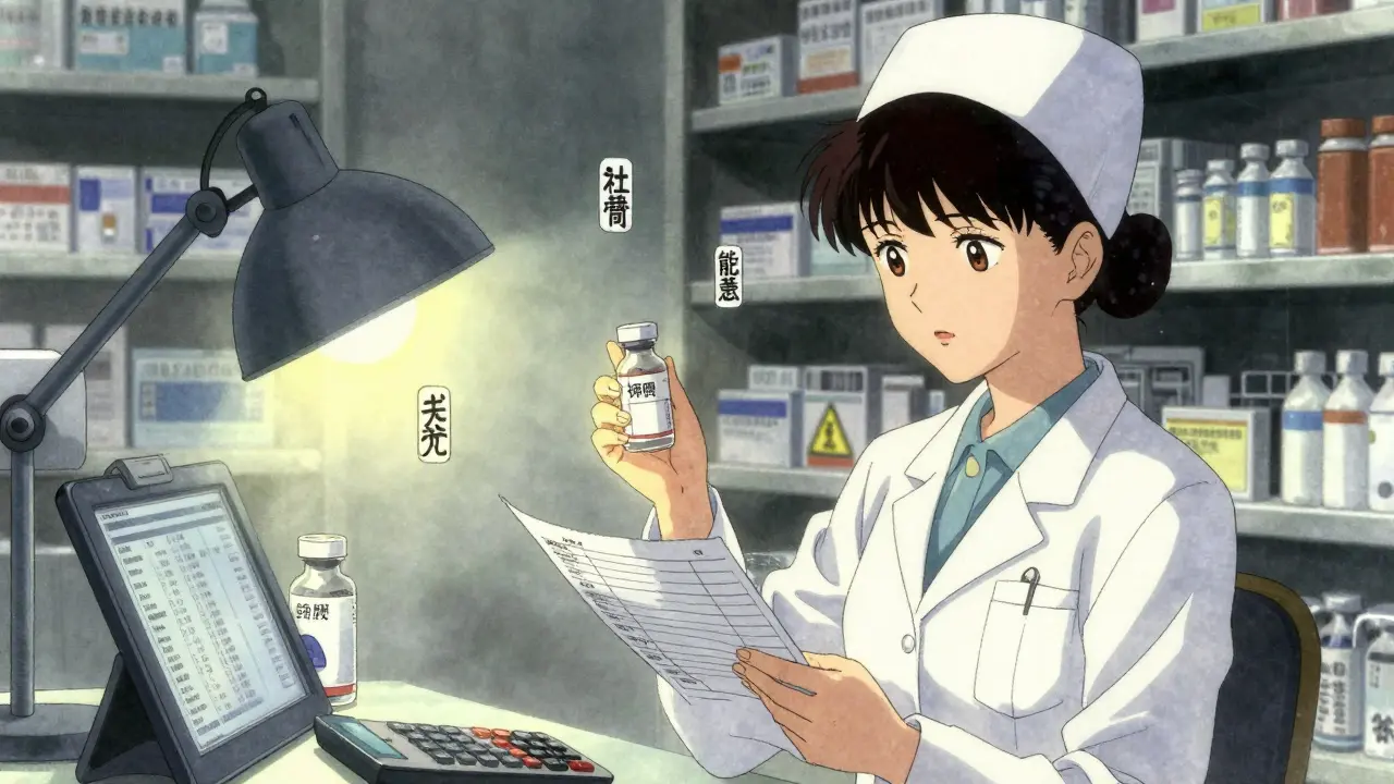 Pharmacist and nurse reviewing potassium chloride vial under lamplight with patient data displayed on a tablet.