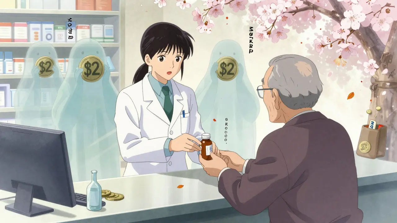 Pharmacist giving a generic pill to an elderly patient while ghostly wholesaler spirits rise with giant profit coins.