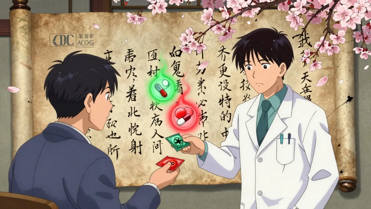 Pharmacist handing condoms as CDC guidelines float above, safe antibiotics glowing green, risky drugs pulsing red.
