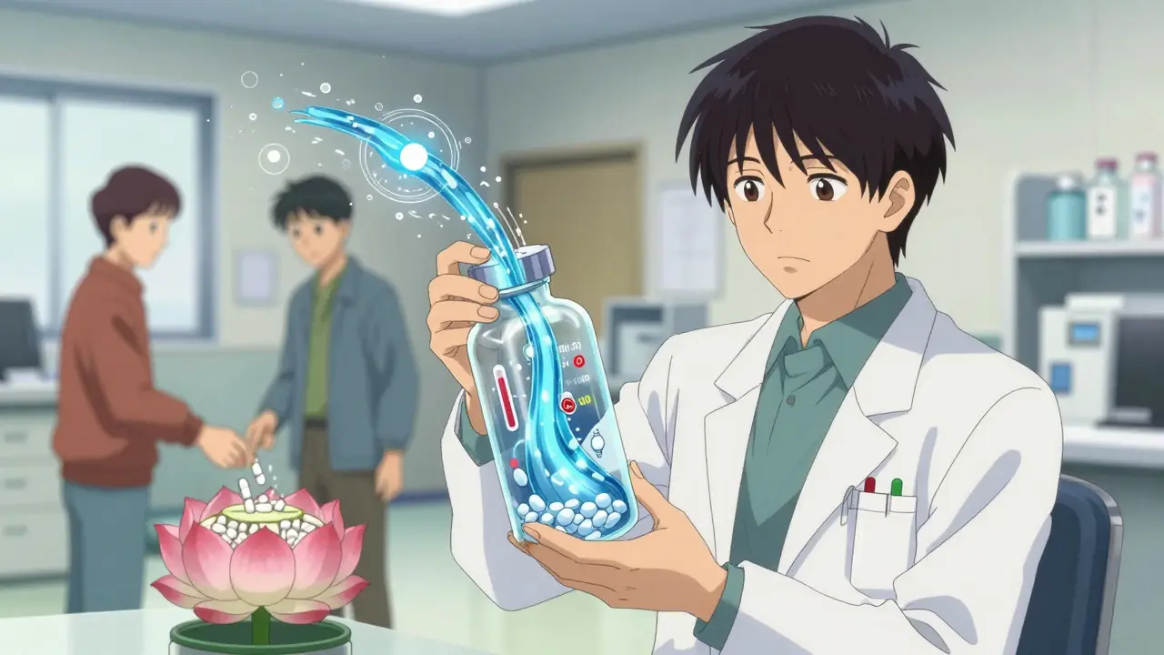 Pharmacist holding a pill bottle that turns into data streams, patients disposing meds in a lotus-shaped bin.