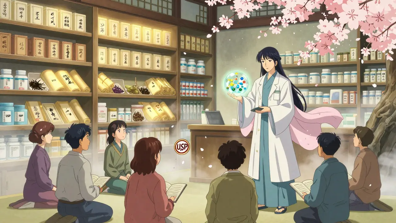 Pharmacist in flowing robes guides patients in a temple-like pharmacy with glowing supplement scrolls and verified seals.