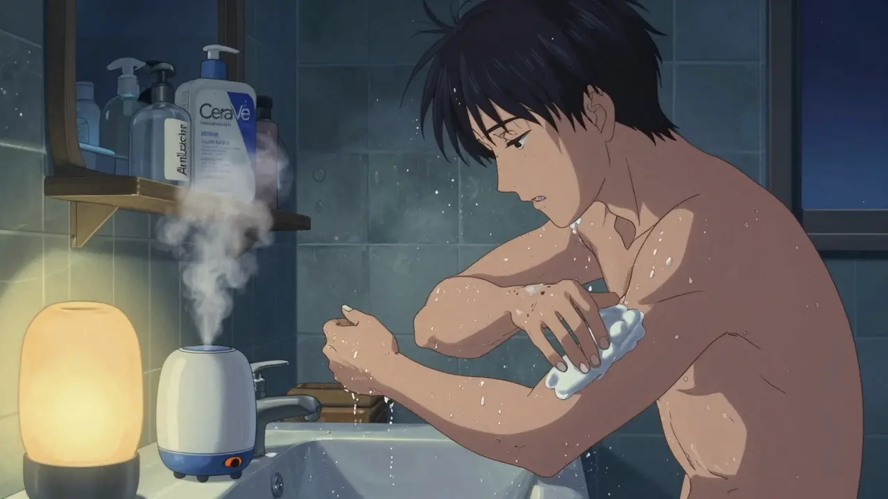 Someone applying lotion to damp arms in a steamy bathroom with a humidifier and soft glowing light.