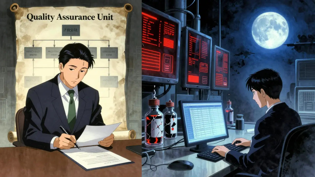 Split scene: CEO grants QA authority on one side, corrupted production data on the other, under moonlit ink-wash tones.