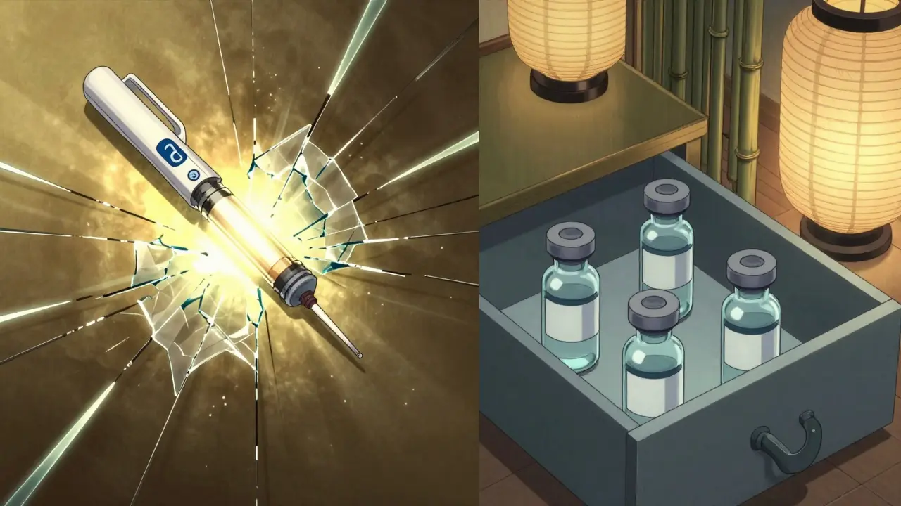 Split scene: expired EpiPen and insulin cracking vs. safe storage in a cool drawer with traditional screens.