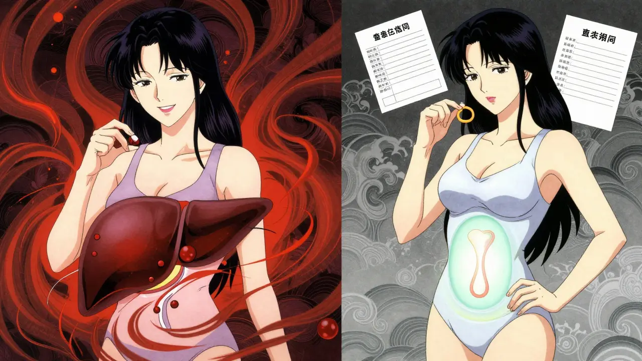 Split scene: rifampin causing hormone drop on left, safe condom use and IUD on right, Japanese waves framing the contrast.