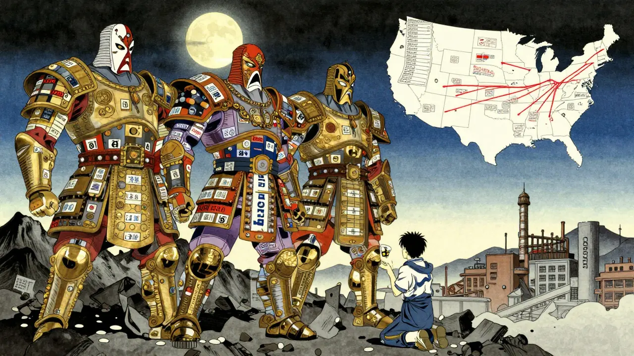 Three giant wholesaler figures stand atop pill mountains as a tiny manufacturer offers a single pill in tribute.