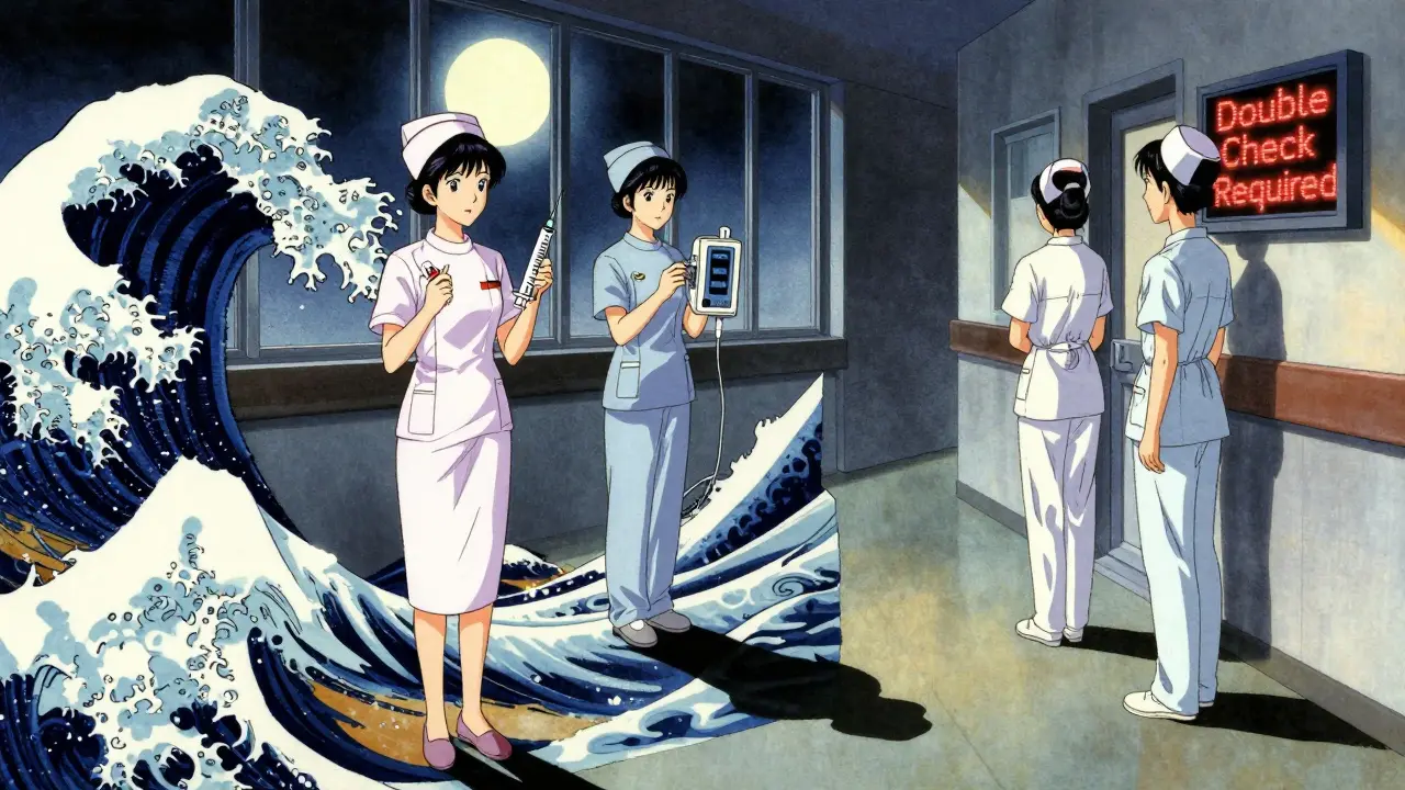 Three nurses paused in a hospital corridor, one holding a pre-filled syringe, under a glowing 'Double Check Required' sign.