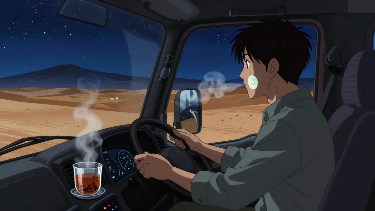 Truck driver with adhesive moisture disc in cheek, drinking herbal tea during a night drive.