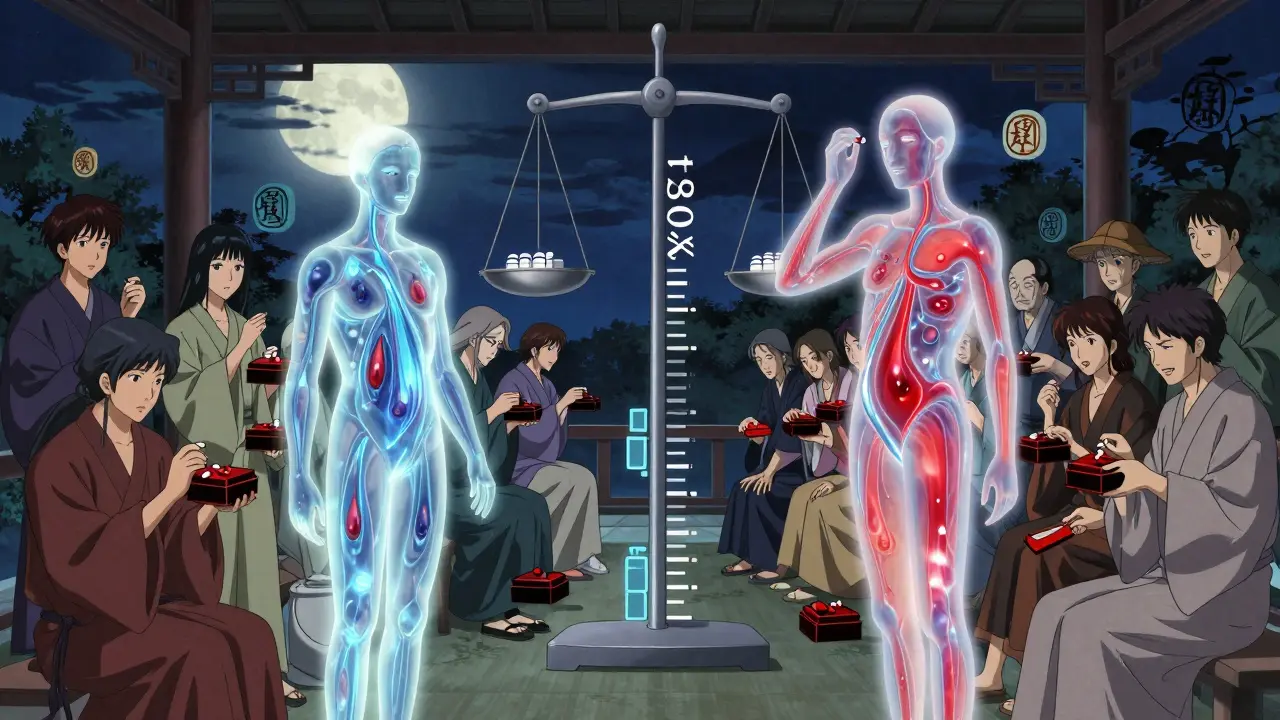 Volunteers taking pills under moonlight, their bloodstreams visualized as glowing rivers in balance.