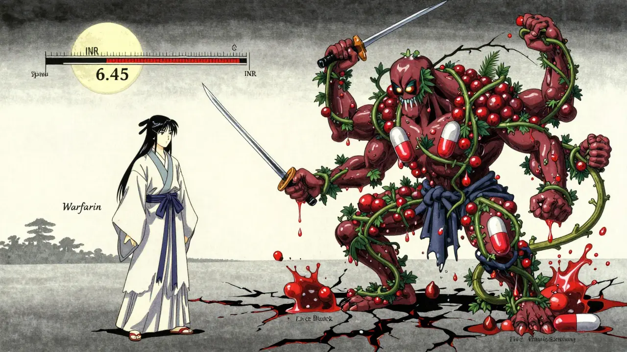 Warfarin warrior battles cranberry monster in symbolic battle over blood clotting.