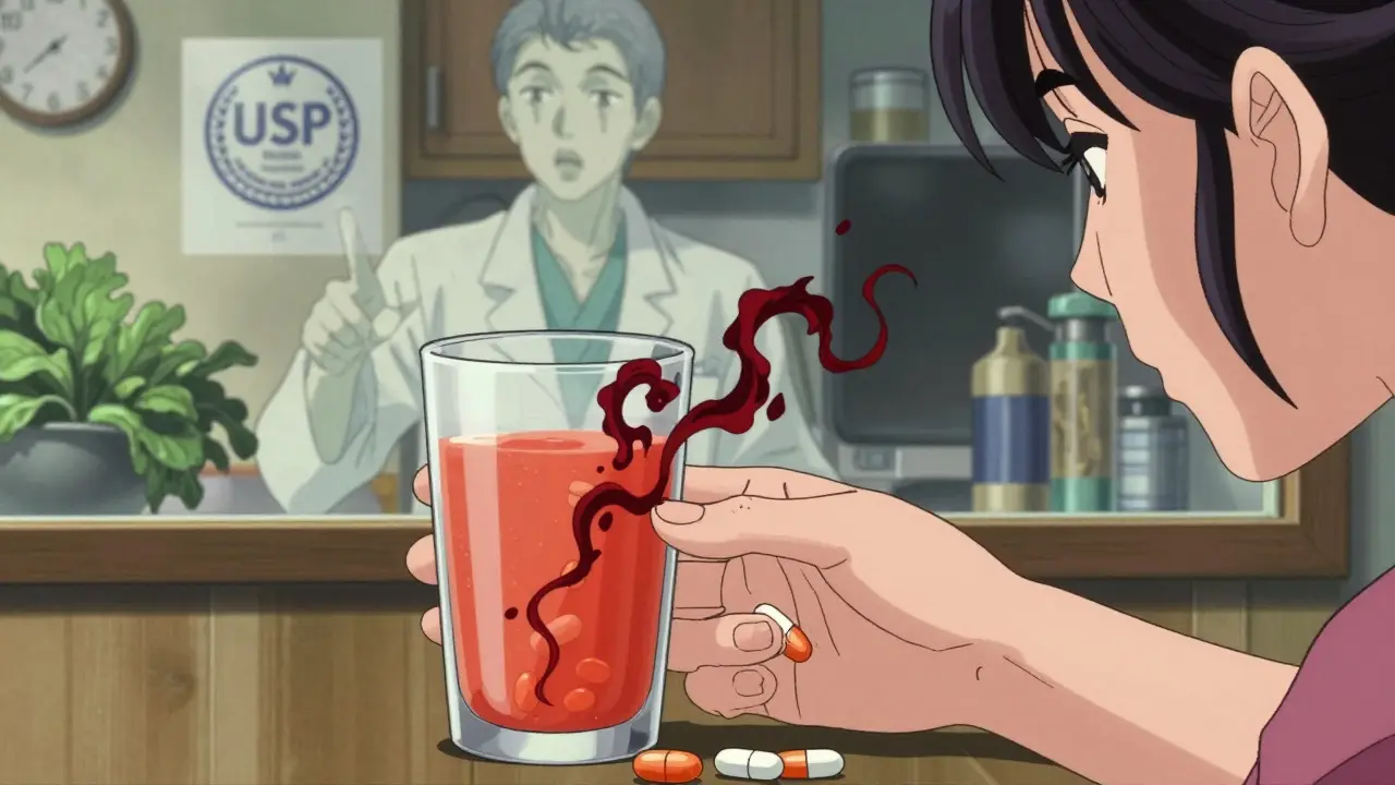 Woman drinking grapefruit juice beside morning pills, dark energy tendrils connecting them, ghost pharmacist in mirror.