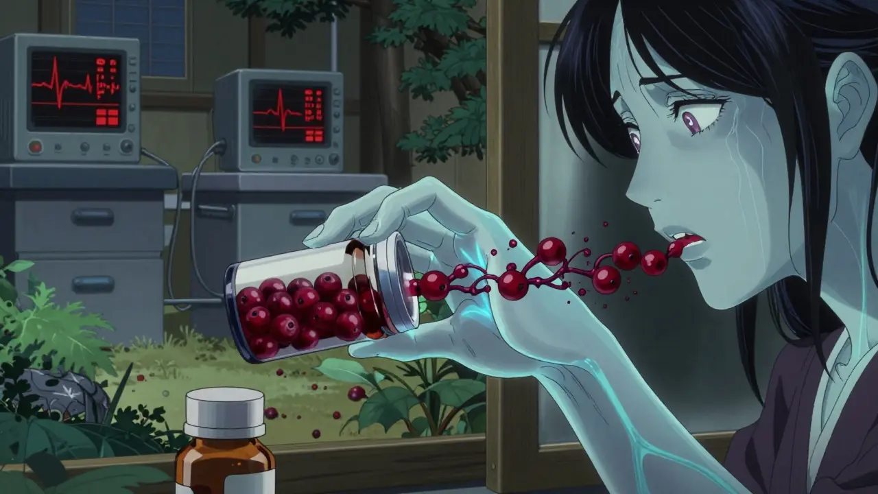 Woman reaching for cranberry capsule, glowing veins showing enzyme blockage.