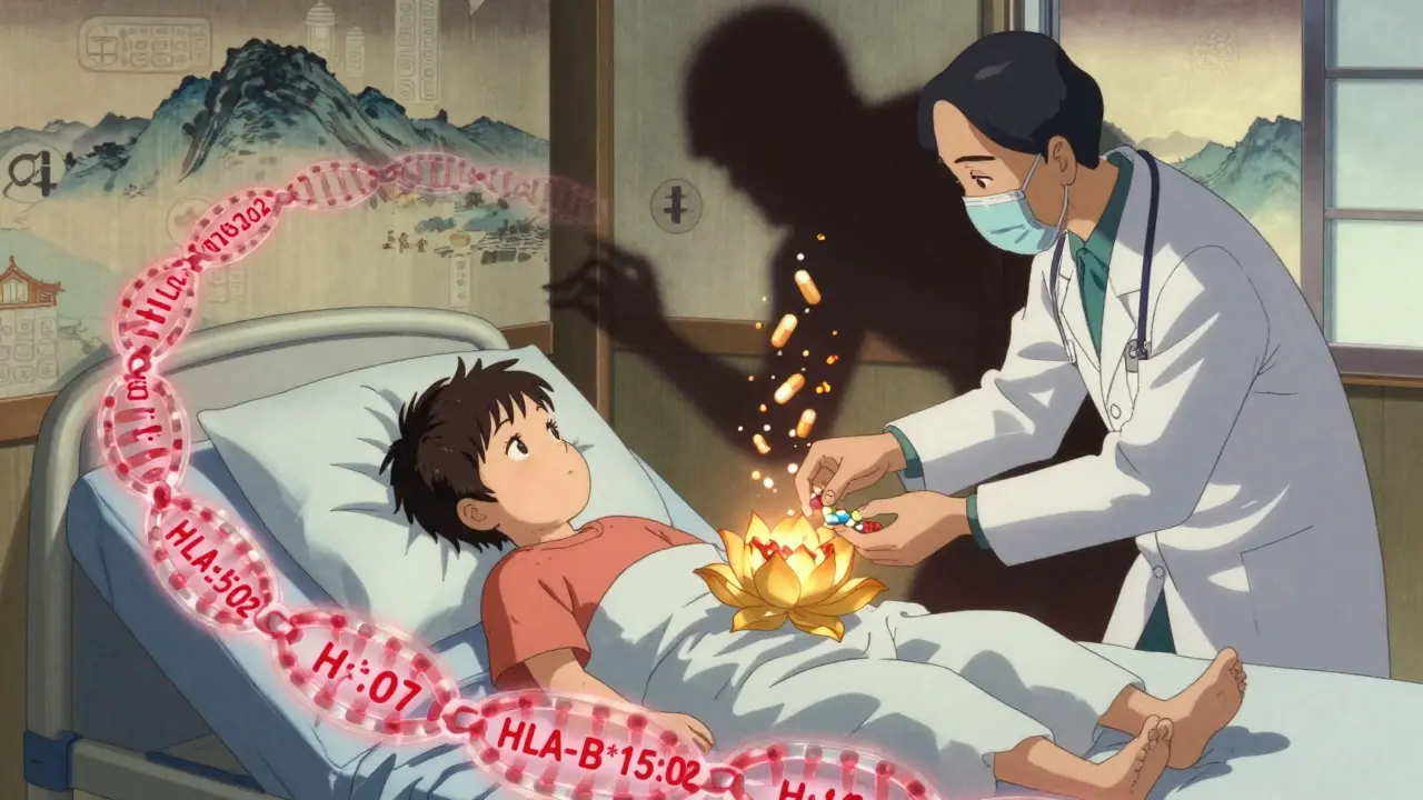 A child in a hospital bed with HLA-B*15:02 gene chains glowing red as doctors replace a dangerous drug.