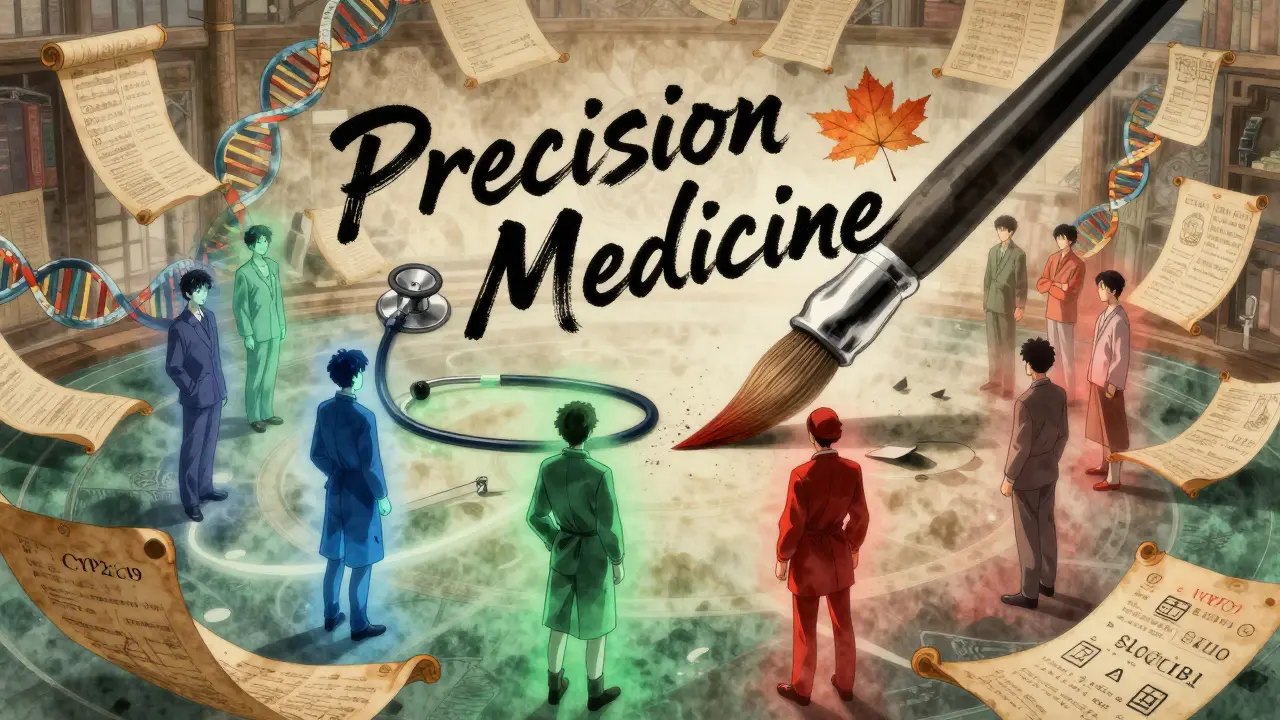 A diverse group surrounded by floating genes and scrolls, symbolizing personalized medicine with ink-brush calligraphy.
