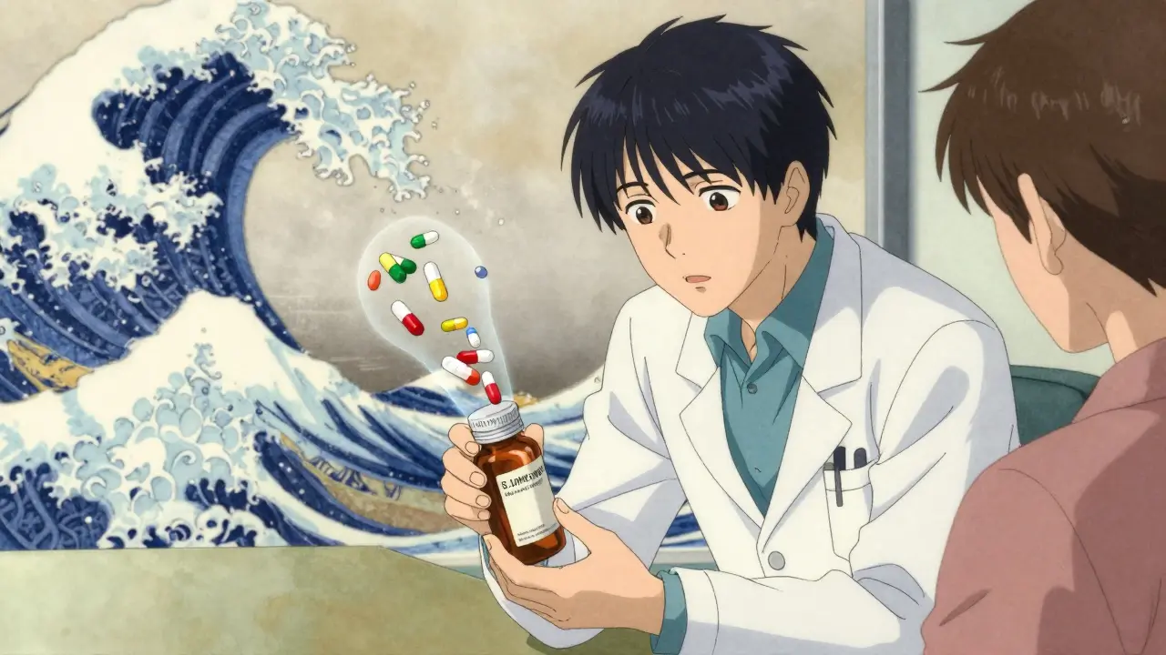 A doctor and patient discuss herbal supplements, with hidden drugs floating above them in a calm yet tense clinic setting.