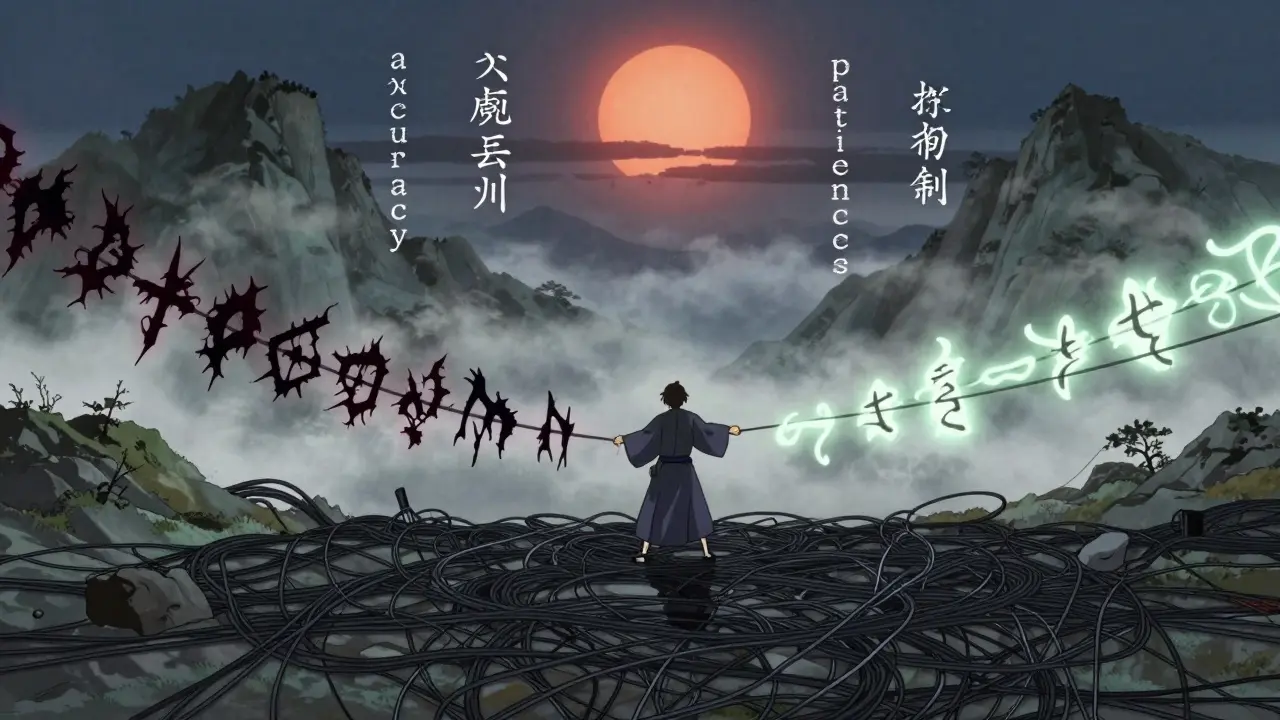 A figure untangling glowing and dark wires in a misty valley, symbolizing reclaiming control over pain thoughts.