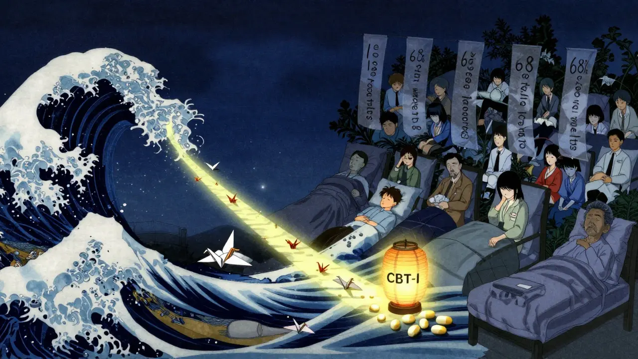 A glowing path of cranes and waves leads diverse people to peaceful sleep under a lantern labeled 'CBT-I' in anime style.