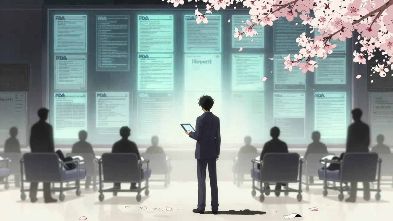 A person reports a supplement reaction as FDA warning letters glow behind them, a cherry blossom drifting down.