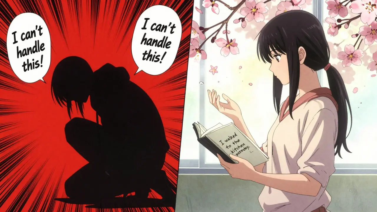 A person transforming from despair to quiet strength, holding a journal as cherry blossoms drift around them.