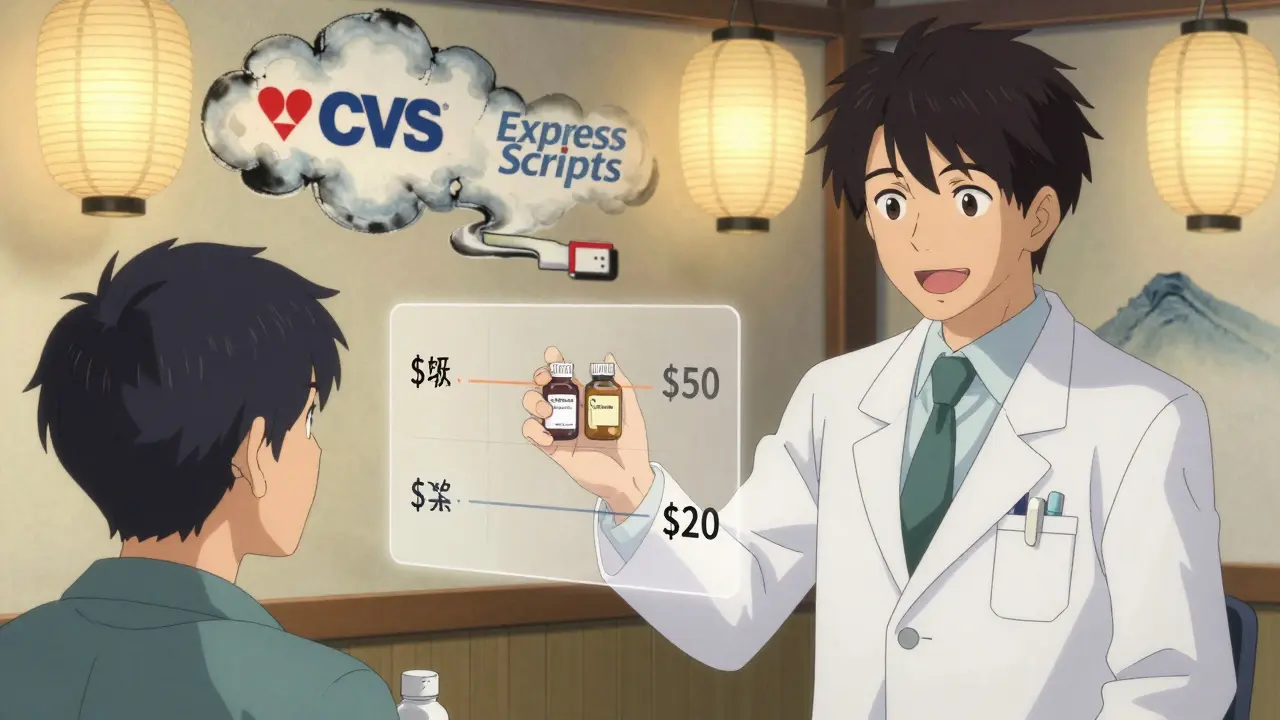 A pharmacist gives two separate generic pills to a patient, with a floating cost comparison and traditional Japanese elements in the background.