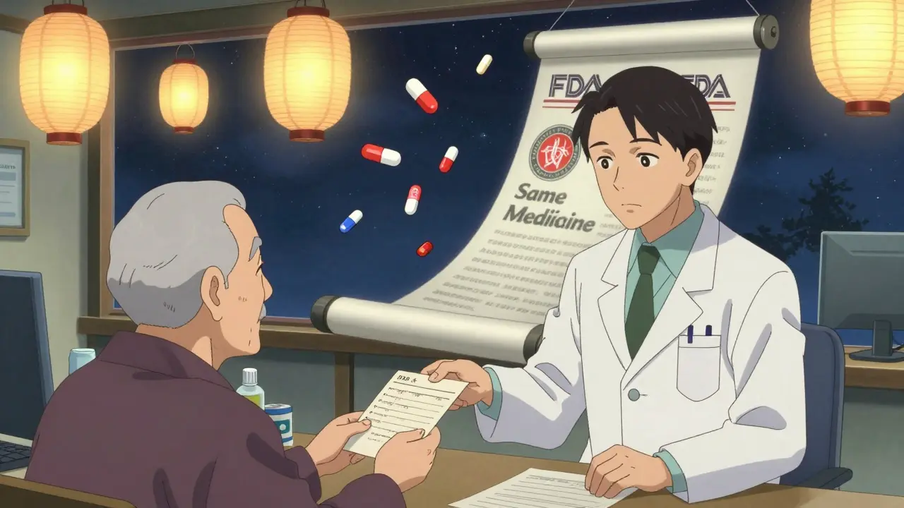 A pharmacist in kimono hands a prescription under lanterns, with floating pills symbolizing U.S. generic prescription rates.