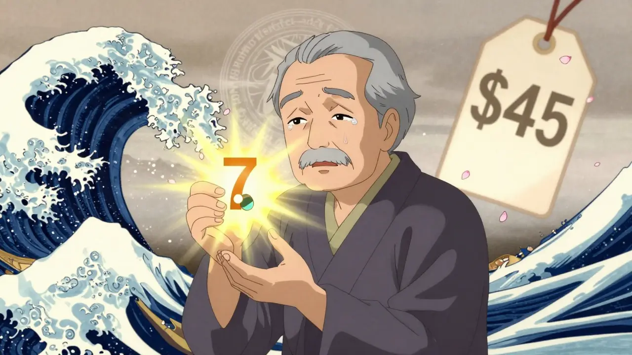 An elderly person holds a combo pill as it transforms into a low  cost symbol, with fading high price tags and cherry blossoms in a hopeful scene.