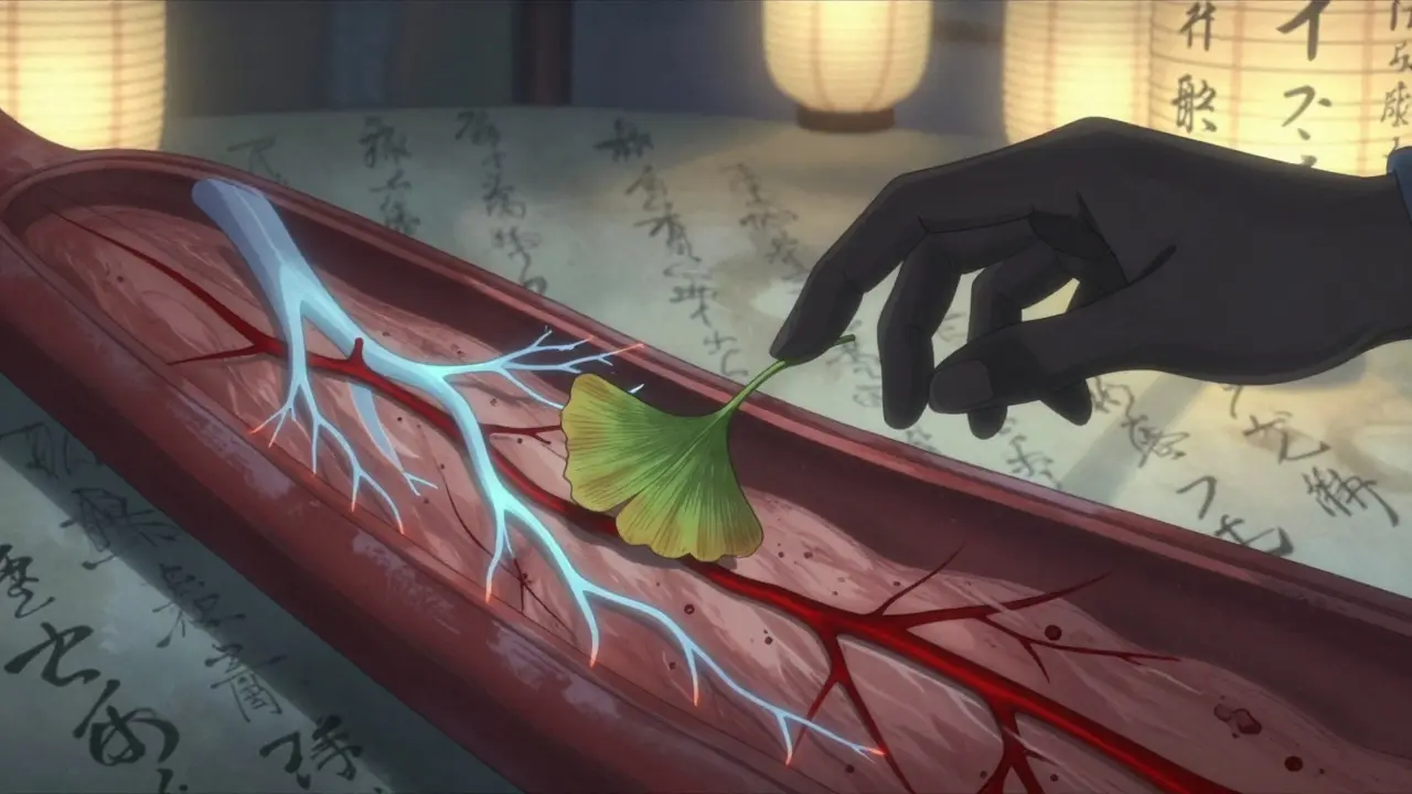 Cross-section of a human body with a ginkgo leaf disrupting blood flow, shadowy hand pulling it away, ink-style medical warnings in background.