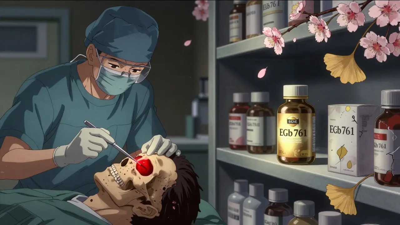 Split scene of a surgeon and pharmacist, with glowing supplements and cherry blossoms drifting between them in a muted color palette.