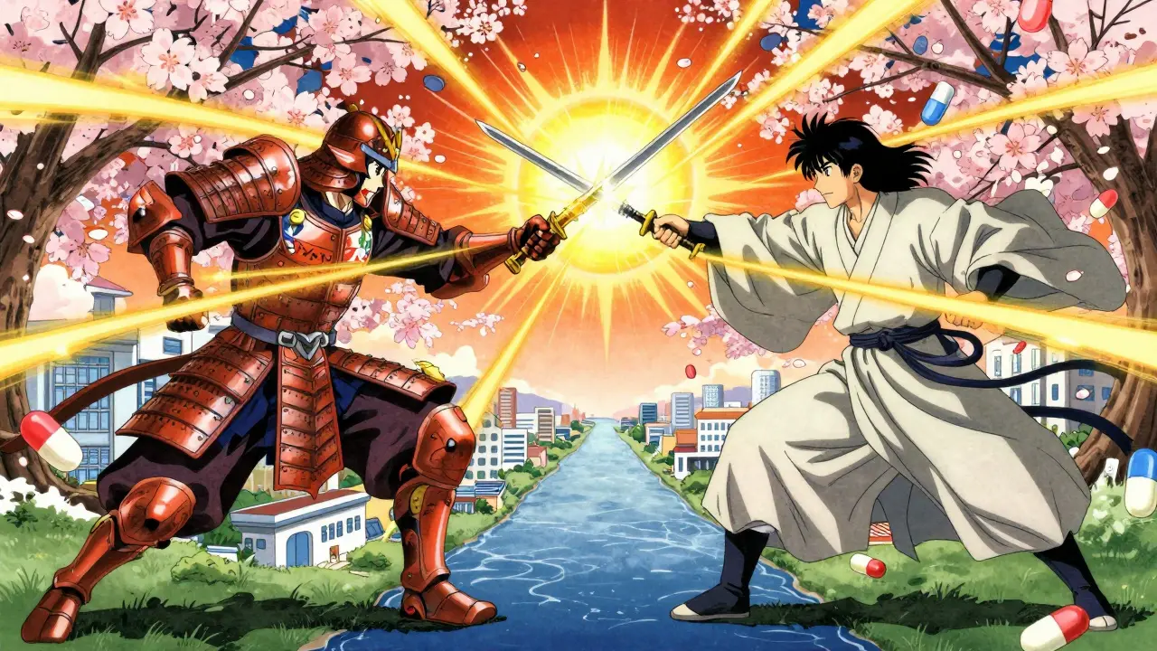 Two identical warrior spirits merge into a sun, representing generic and brand drugs delivering equal therapeutic effects.