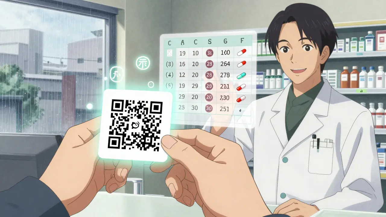 A close-up of a QR code with floating pictograms and a pharmacist offering visual medication guidance.
