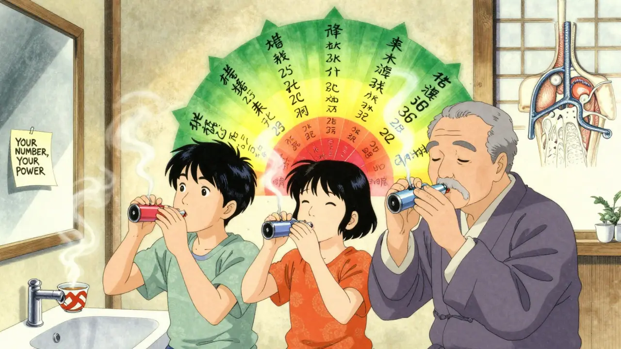 A family measuring peak flow together, glowing zones forming a mandala behind them.