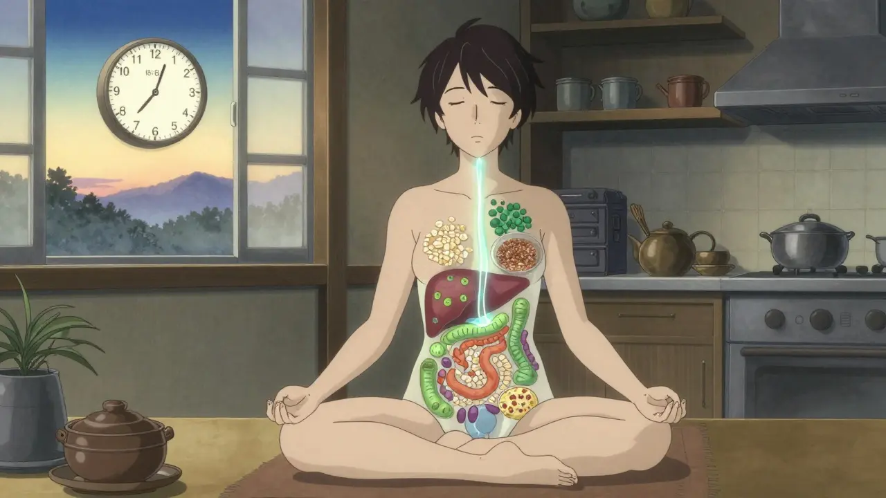 A person meditating at dawn with translucent gut and liver, nourished by fiber-rich foods, under a fasting clock.