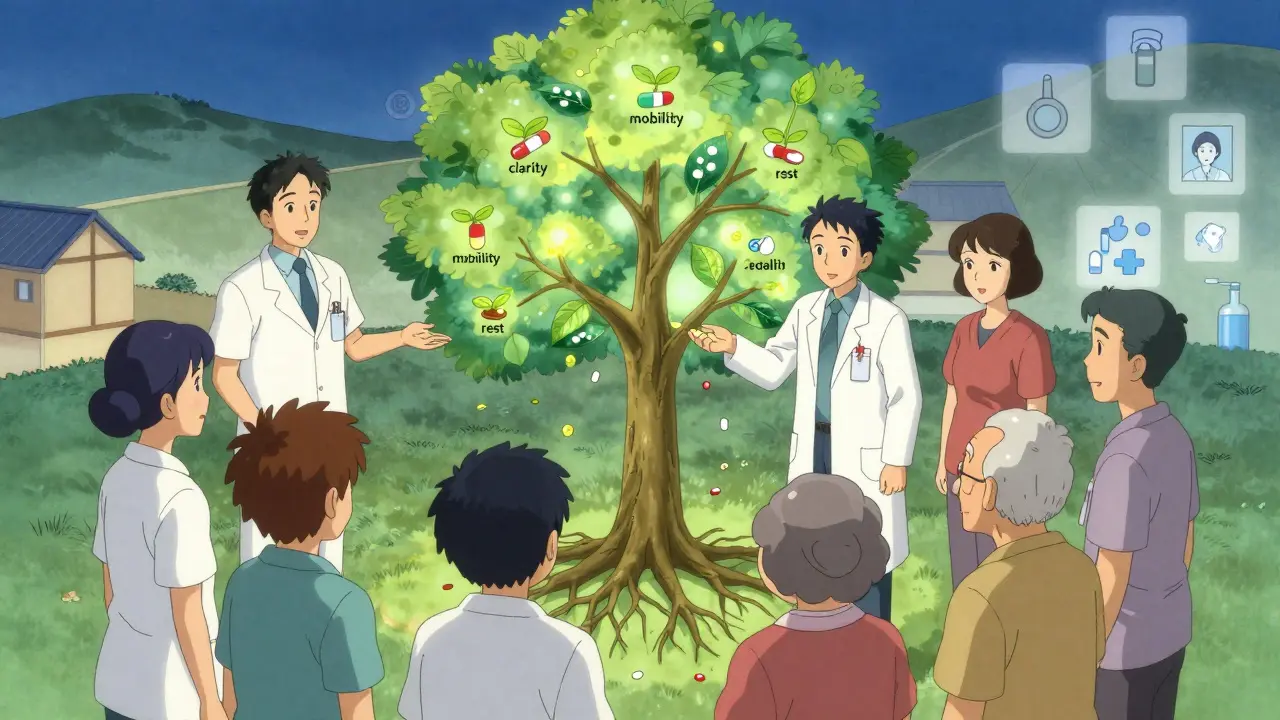 A team of caregivers and senior around a health tree, removing pills as new sprouts of well-being emerge.