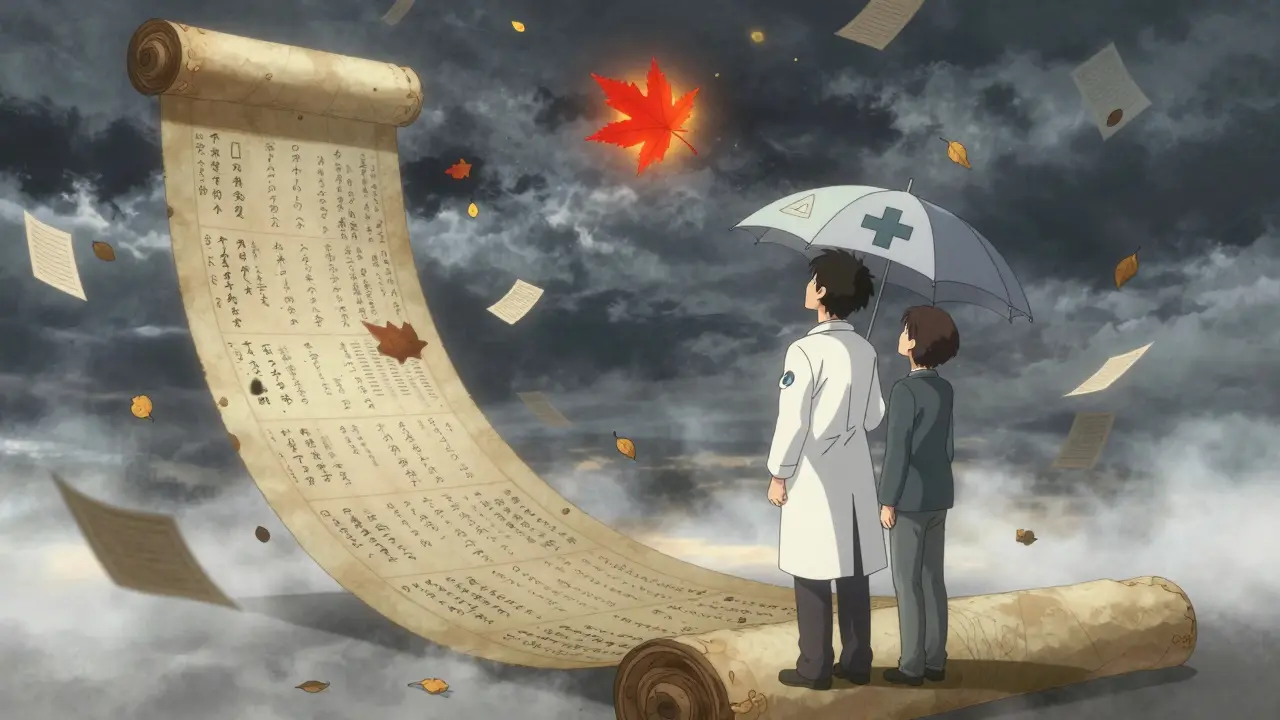 A vast scroll of adverse event reports swirling in the sky as a doctor and patient observe a glowing warning symbol.