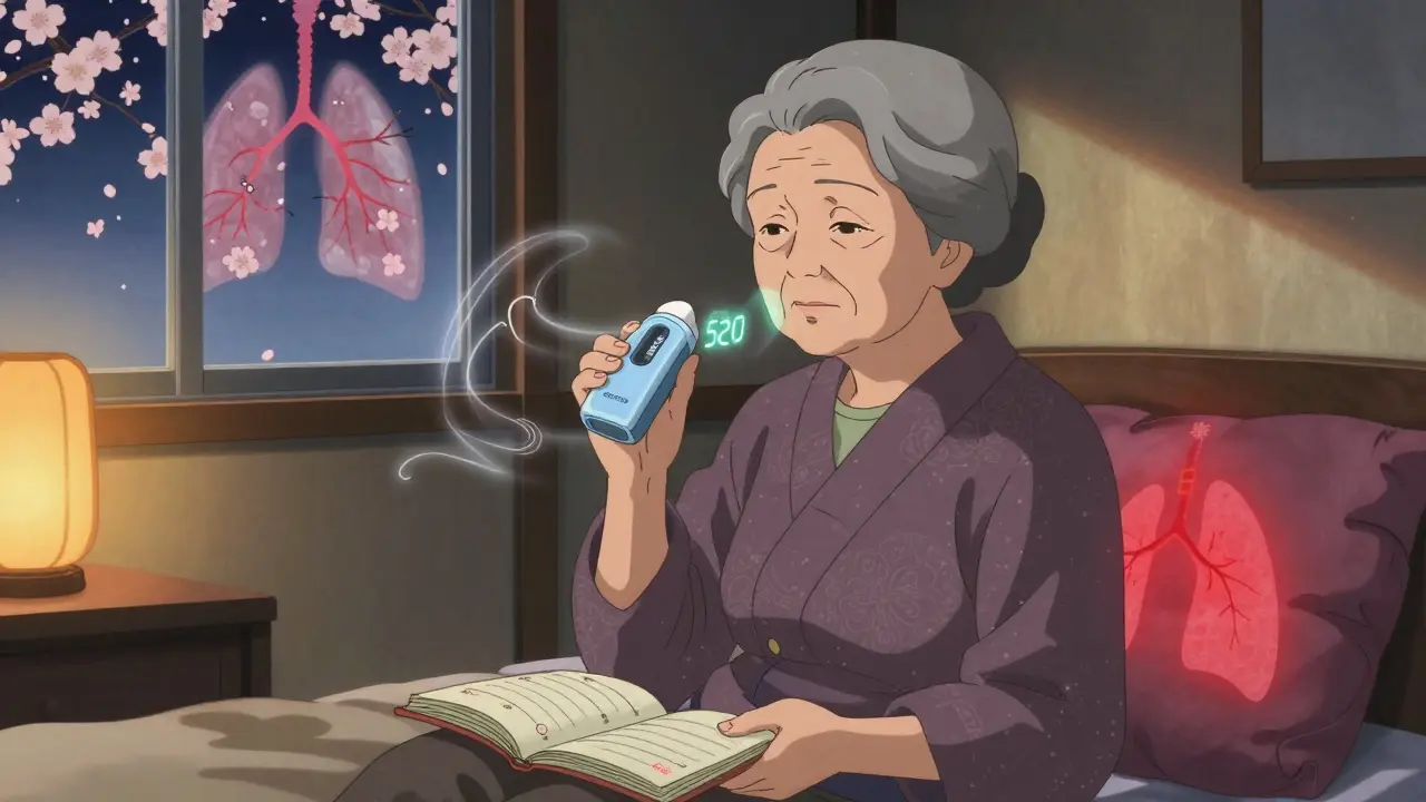 An elderly woman measuring peak flow at dusk, her personal best number glowing beside her.