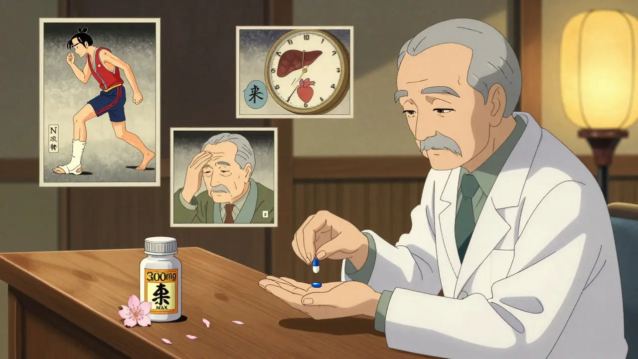 Elder pharmacist placing two pills into a hand, surrounded by ukiyo-e vignettes of pain relief scenarios and a '3,000 mg MAX' warning.