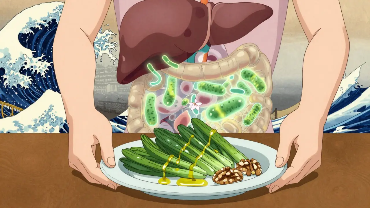 Hands placing a Mediterranean meal on a table, with a glowing gut and liver restored to balance behind them.